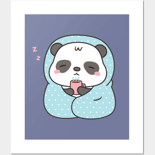 Cute Sleepy Panda With Coffee and Blanket Posters and Art